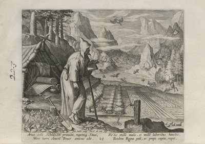 Simeon, Tafel 23 von 30 aus der Serie Sylvae Sacrae (Einsiedler in Landschaften) von Johann Sadeler I
