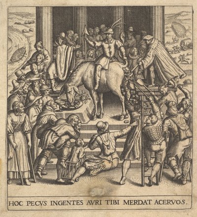 Männer sammeln Dung, der aus den Hinterteilen eines Maultiers fällt, mit einem Reiter von Johann Theodor de Bry