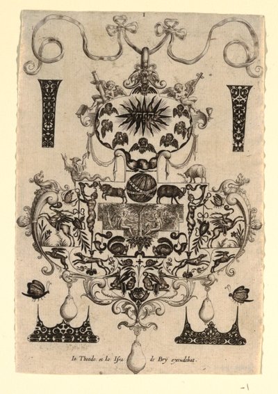 Anhänger-Design mit der Versuchung, Platte 1, aus einer Serie von acht Anhänger-Designs mit den Kardinaltugenden von Johann Theodor de Bry