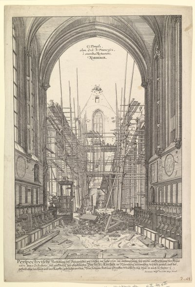Ansicht der Franziskanerkirche in Nürnberg im Wiederaufbau, aus der Serie V....n.d. von Johann Ulrich Kraus