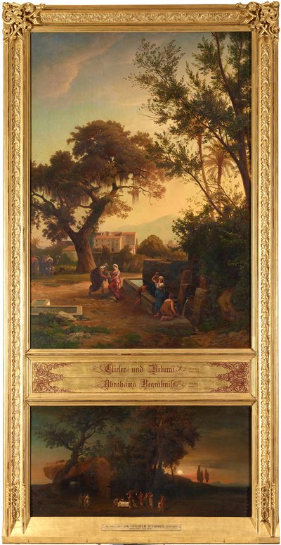 Elieser und Rebecca am Brunnen. Begräbnis Abrahams. Aus dem Zyklus "Zwölf biblische Landschaften mit der Geschichte Abrahams" von Johann Wilhelm Schirmer