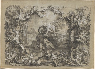 Der Engel, der Habakuk an seinen Haaren davonträgt, umgeben von einem aufwendigen Rokoko-Rahmen von Johann Wolfgang Baumgartner