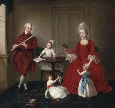 Rokoko: Porträt von Mr. und Mrs. James Blew und ihren drei Kindern in einem eleganten Interieur von Johann Zoffany