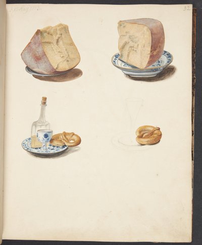 Stillleben mit Käse, Schnaps und Brezel von Johanna Fosie