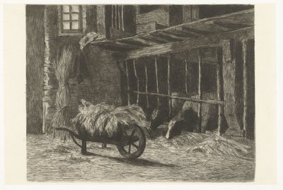 Innenraum eines Stalls mit Kühen und Heuwagen von Johanna Henriëtte Besier