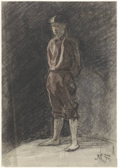 Stehender Mann mit Helm und aufgerollten Buchspijpen von Johannes Abraham Mondt