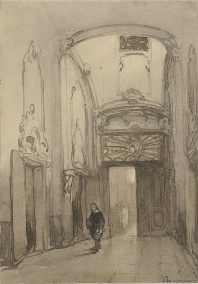Rokokoportal im Rathaus in Den Haag mit einem Mann im Kostüm des 17. Jahrhunderts von Johannes Bosboom