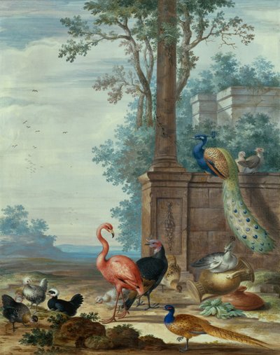 Eine italienische Landschaft mit einem Pfau, Fasan, Flamingo und anderen Vögeln von Johannes Bronckhorst