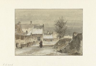 Winteransicht mit Frau auf dem Eis stehend von Johannes Franciscus Hoppenbrouwers