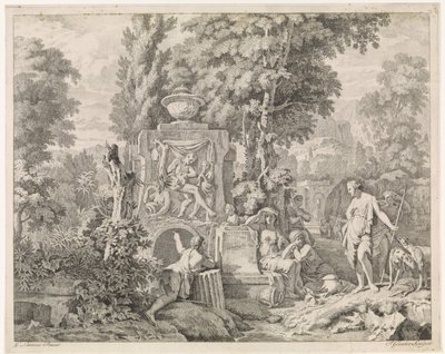 Landschaft mit einem Brunnen und Diana und ihren Nymphen von Johannes Glauber
