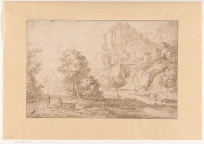 Gebirgslandschaft mit einer Brücke über einen Wasserfall von Johannes Glauber