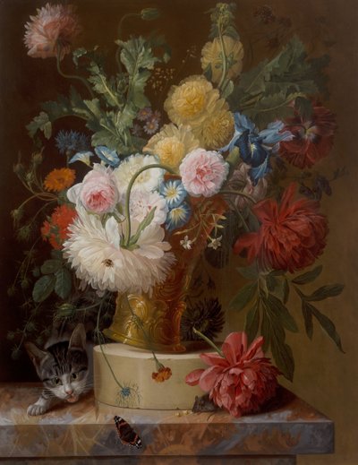 Stillleben mit Blumen auf einem Sims und einer Katze von Johannes Hendrick Fredriks