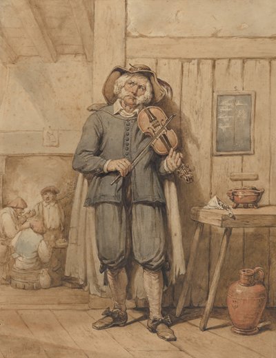 Ein Geiger in einer Taverne, mit drei Männern im Hintergrund, Mitte des 19. Jahrhunderts von Johannes Hendrik van West
