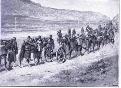 Eine Batterie Feldgeschütze auf dem Weg nach Ichon, Illustration aus Cassells Geschichte des Russisch-Japanischen Krieges Band 1, ca. 1900 von Johannes Hermann Barend Koekkoek