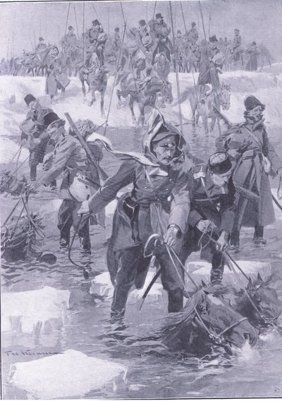 Eine Reitkunstleistung. Russische Kavallerie überquert einen Fluss, Illustration aus Cassells Geschichte des Russisch-Japanischen Krieges Band 1, ca. 1900 von Johannes Hermann Barend Koekkoek