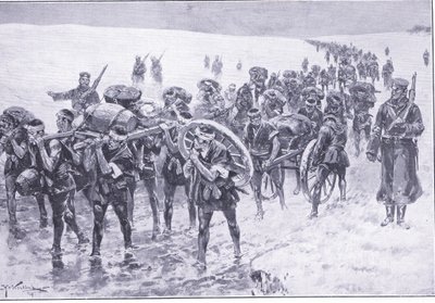 Japaner auf dem Marsch. Männer anstelle von Packponys, Illustration aus Cassells Geschichte des Russisch-Japanischen Krieges Band 1, ca. 1900 von Johannes Hermann Barend Koekkoek
