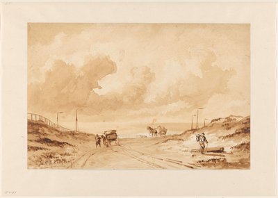 Landschaft mit Weg zwischen Dünen zum Meer von Johannes Hermanus Barend Koekkoek