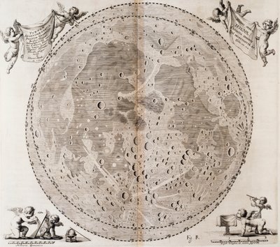 Erste detaillierte Mondkarte, gezeichnet 1647 von Johann Hevelius, Druck aus Johann Hevelius