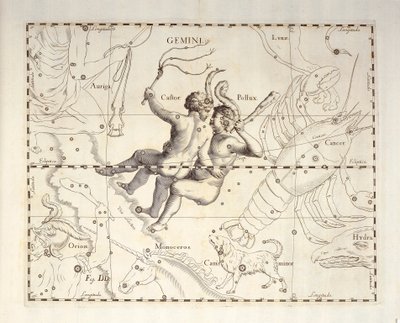 Sternbild Zwillinge, Gravur aus dem Himmelsatlas Firmamentum Sobiescianum sive Uronographia, von Johann Hevelius (1611-1687), Danzig von Johannes Hevelius