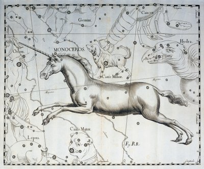 Monoceros, Sternbild des Einhorns, Gravur aus dem Himmelsatlas Firmamentum Sobiescianum sive Uronographia, von Johann Hevelius (1611-1687), Danzig von Johannes Hevelius