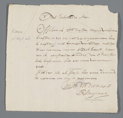 Brief von Pfarrer Hooyman an Jan Brandes von Johannes Hooyman