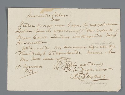 Brief von Pfarrer Hooyman an Jan Brandes von Johannes Hooyman
