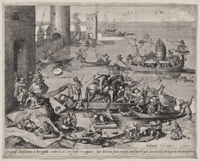 Sankt Martin mit seinem Pferd auf einem Schiff von Johannes I van Doetecum (d. 1605)