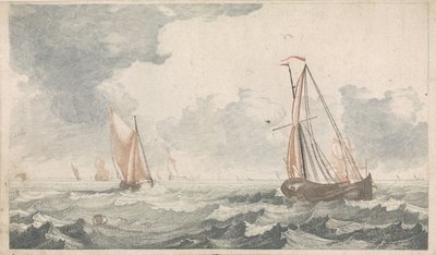 Zwei aufeinander zu segelnde Plattbodenschiffe von Johannes Jacobsz van den Aveele