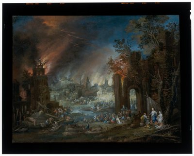 Landschaft mit Lot und seinen Töchtern und dem brennenden Sodom im Hintergrund von Johannes Jakob Hartmann