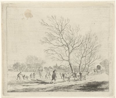 Winterlandschaft mit Kühen und Schlittschuhläufern von Johannes Janson