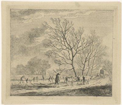Winterlandschaft mit Kühen und Schlittschuhläufern von Johannes Janson