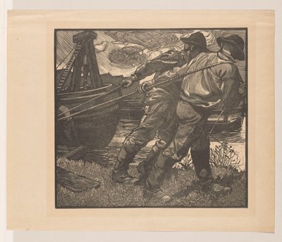 Arbeiter mit Seilen am Ufer von Johannes Josephus Aarts