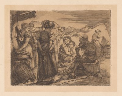 Mann, Frauen und Kind in hügeliger Landschaft von Johannes Josephus Aarts