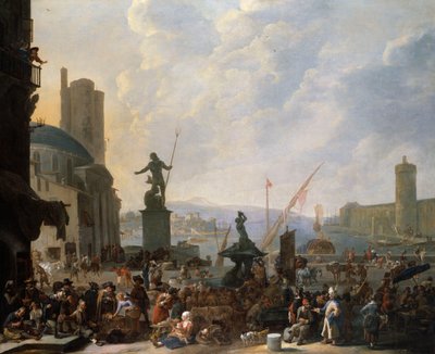 Ein Capriccio eines Mittelmeerhafens mit Berninis Tritonbrunnen und ein Capriccio des Palais du Louvre, 1651 von Johannes Lingelbach