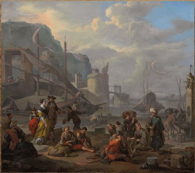 Ein Mittelmeerhafen mit einem eleganten Paar und Reisenden, die am Kai ruhen von Johannes Lingelbach