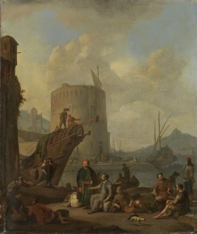 Italienischer Hafen mit einem befestigten Turm von Johannes Lingelbach