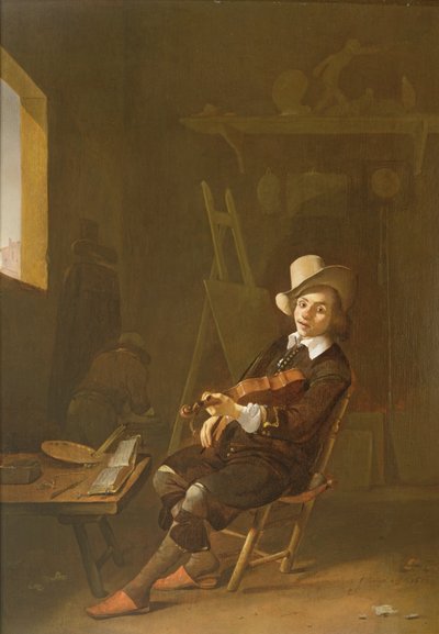 Selbstporträt des Künstlers beim Geigenspiel von Johannes Lingelbach