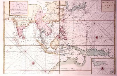 Küstenkarte von Nordwestindien bis Nordaustralien über Japan und die Philippinen, ca. 1700 von Johannes and Mortier Cornelis Covens