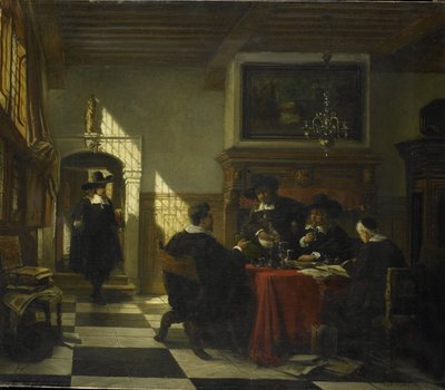 Gesellschaft in Tracht des 17. Jahrhunderts an einem Tisch mit einem Nautilusbecher von Johannes Stroebel