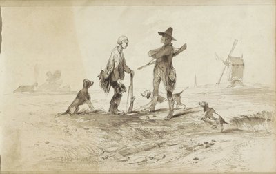 Jäger mit Hunden in einer Landschaft mit einer Mühle von Johannes Tavenraat
