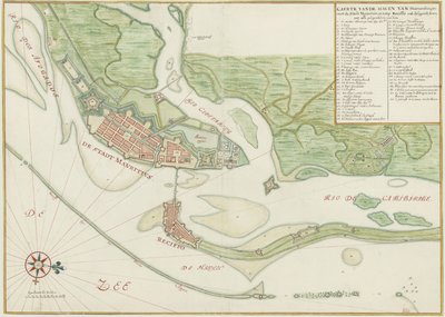 Aquarellkarte der Stadt Recife (Brasilien) im 17. Jahrhundert von Johannes Vingboons
