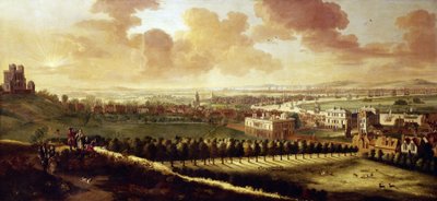 Blick auf Greenwich und London (England), circa 1680, mit dem Royal Observatory links, in der Mitte das Queen