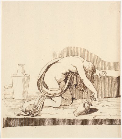 Nackte, nach vorne gebeugte Frau (betrunken) mit leerer Weinkanne von Johannes Wiedewelt