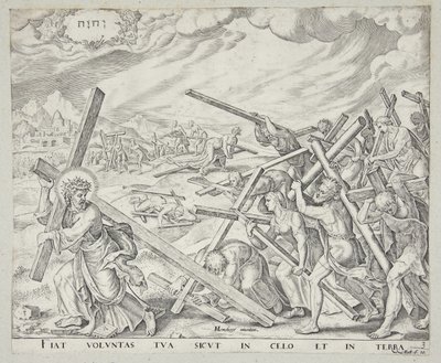 Der Mensch nimmt das Kreuz auf seine Schultern und folgt Christus von Johannes Wierix