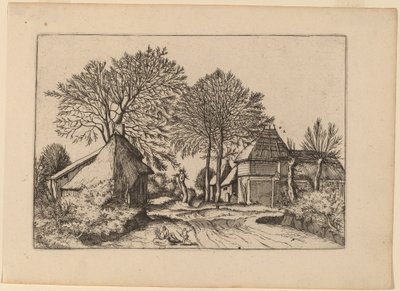 Straße mit Scheune und Hütten von Johannes and Lucas van Doetechum after Master of the Small Landscapes