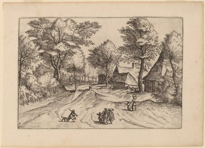 Dorfstraße mit Bauernhof und Schuppen von Johannes and Lucas van Doetechum after Master of the Small Landscapes
