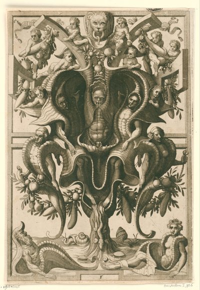 Muschelartiges Ornament, in dem Figuren gefangen sind von Johannes of Lucas van Doetechum