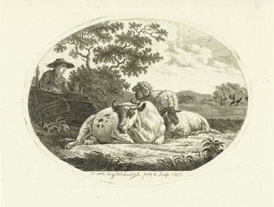 Kuh, Schaf und Widder auf der Weide und Bauer, der sich auf ein Tor lehnt von Johannes van Cuylenburgh