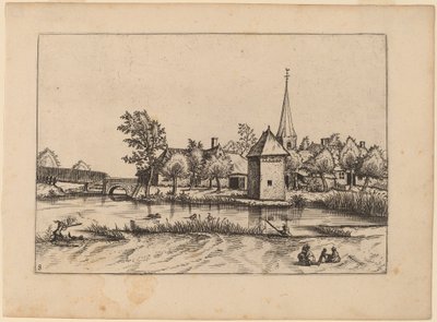 Dorf mit Kirche und Brücke von Johannes van Doetechum, the Elder and Lucas