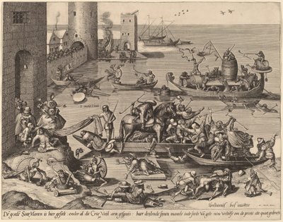 Der heilige Martin mit seinem Pferd auf einem Schiff von Johannes van Doetechum, the Elder, and Lucas